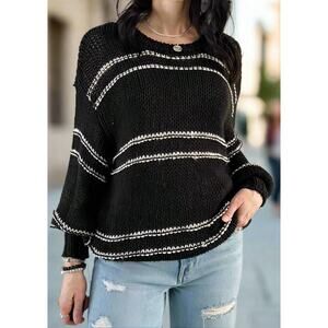 Saltwater Luxe Crewneck Long Sleeve Striped Knit Sweater Black White Small
